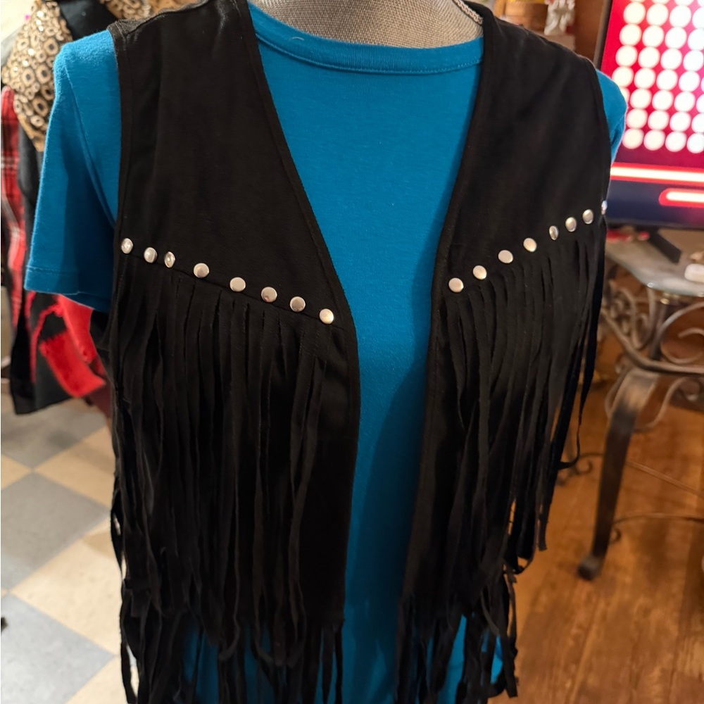 Black Fringe Vest with Stud Accents